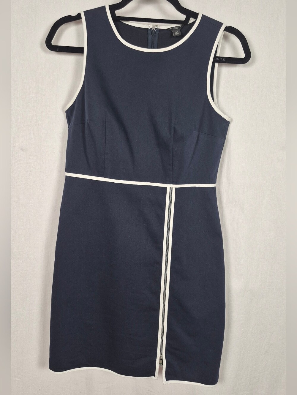 Ann Taylor Petite Navy Blue Cotton Spandex Sheath Dress with White Trim 4P